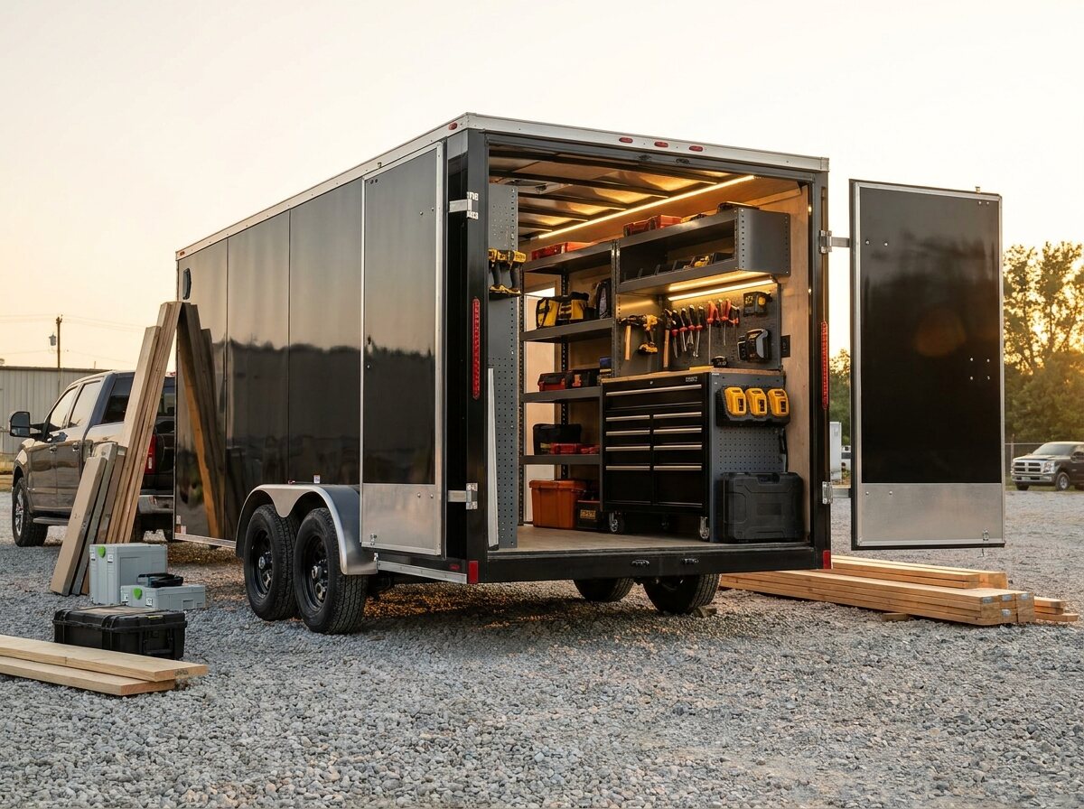 Enclosed cargo trailer with organized tool storage